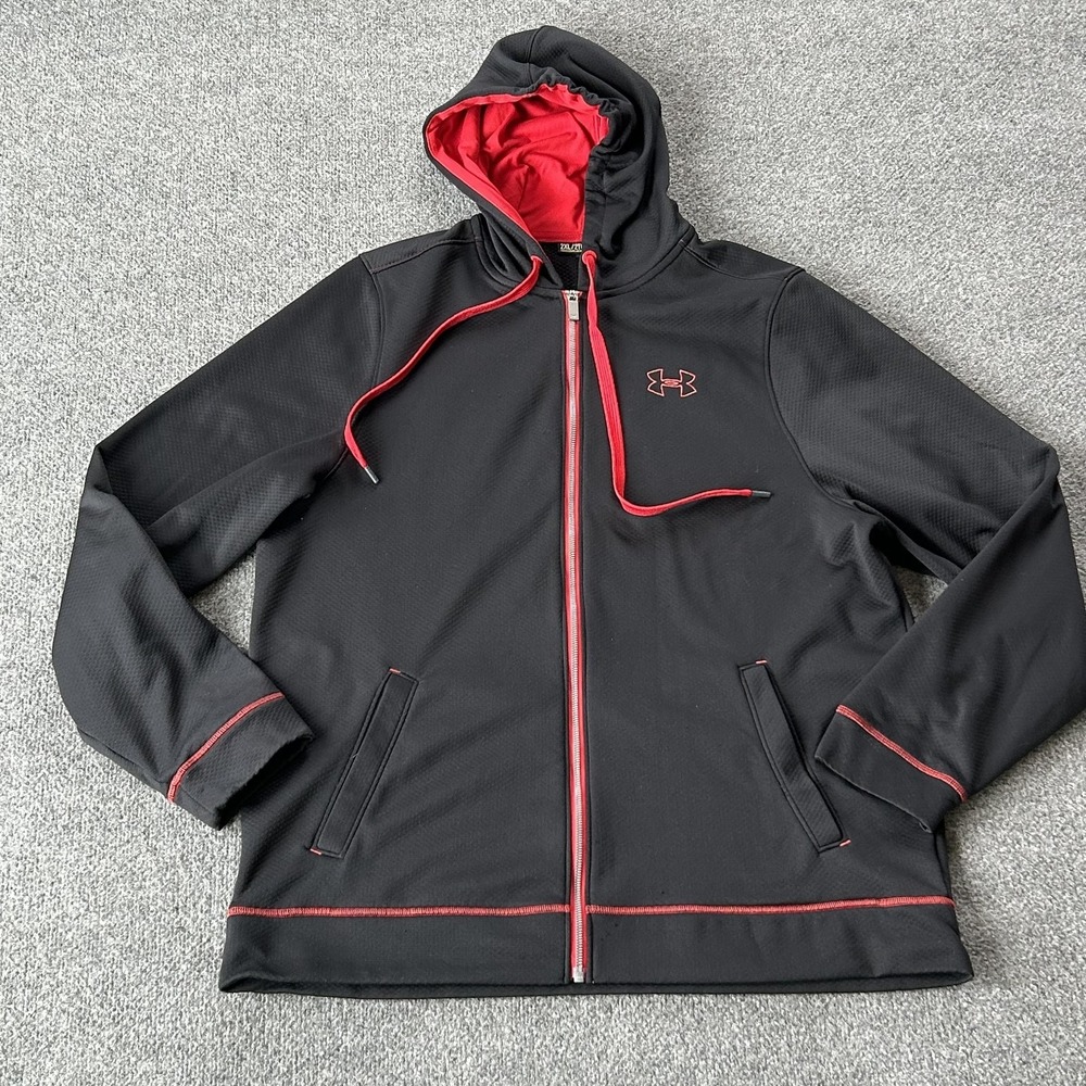 Under Armour Hoodie Mens 2XL Black Red Full Zip Fleece Sweatshirt Logo Athletic